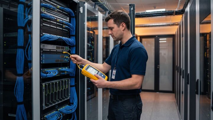 Técnico certificando cableado estructurado con instrumental Fluke Networks